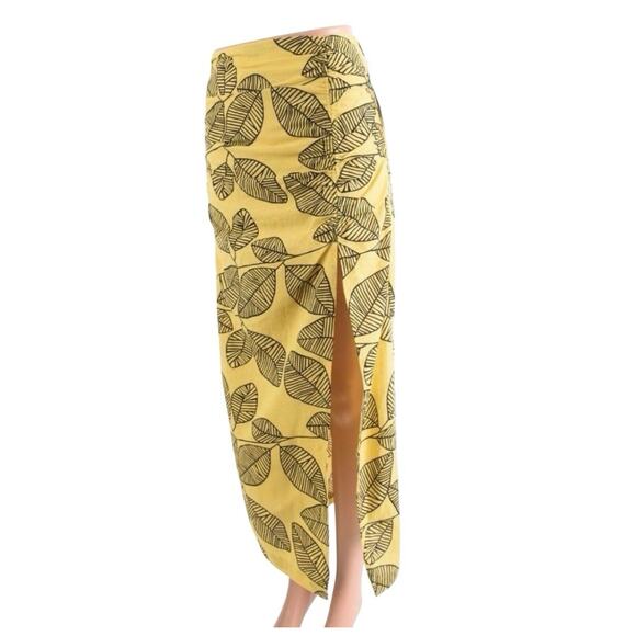 Zara Yellow Leaf Print Slit Midi Skirt High Waist Linen Blend M - Picture 3 of 9